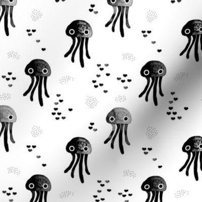 watercolor under water ocean life jelly fish and coral squid black and white