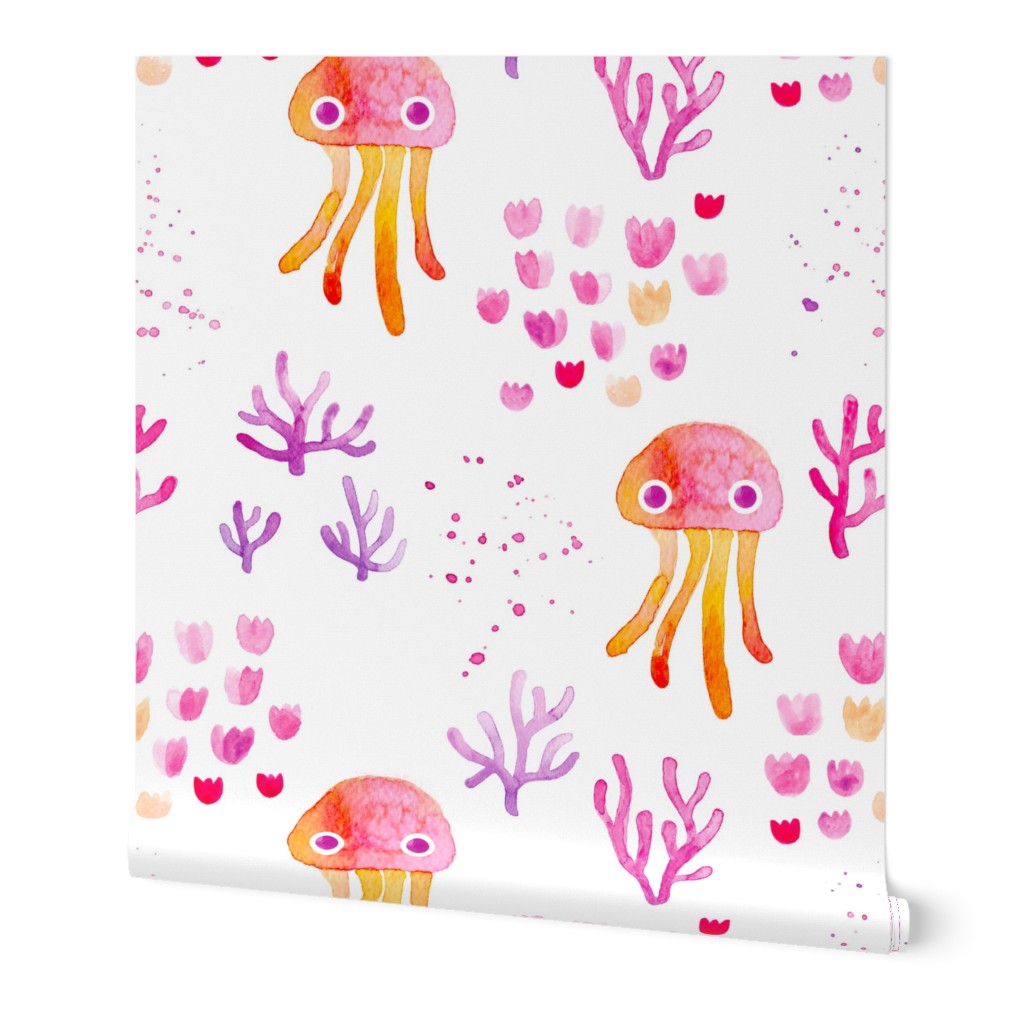 watercolor under water ocean life jelly fish and coral squid pink orange white