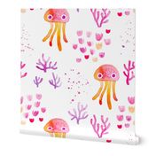 watercolor under water ocean life jelly fish and coral squid pink orange white