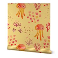 watercolor under water ocean life jelly fish and coral squid pink orange white