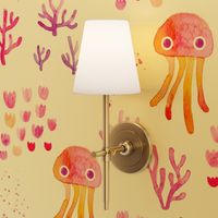 watercolor under water ocean life jelly fish and coral squid pink orange white