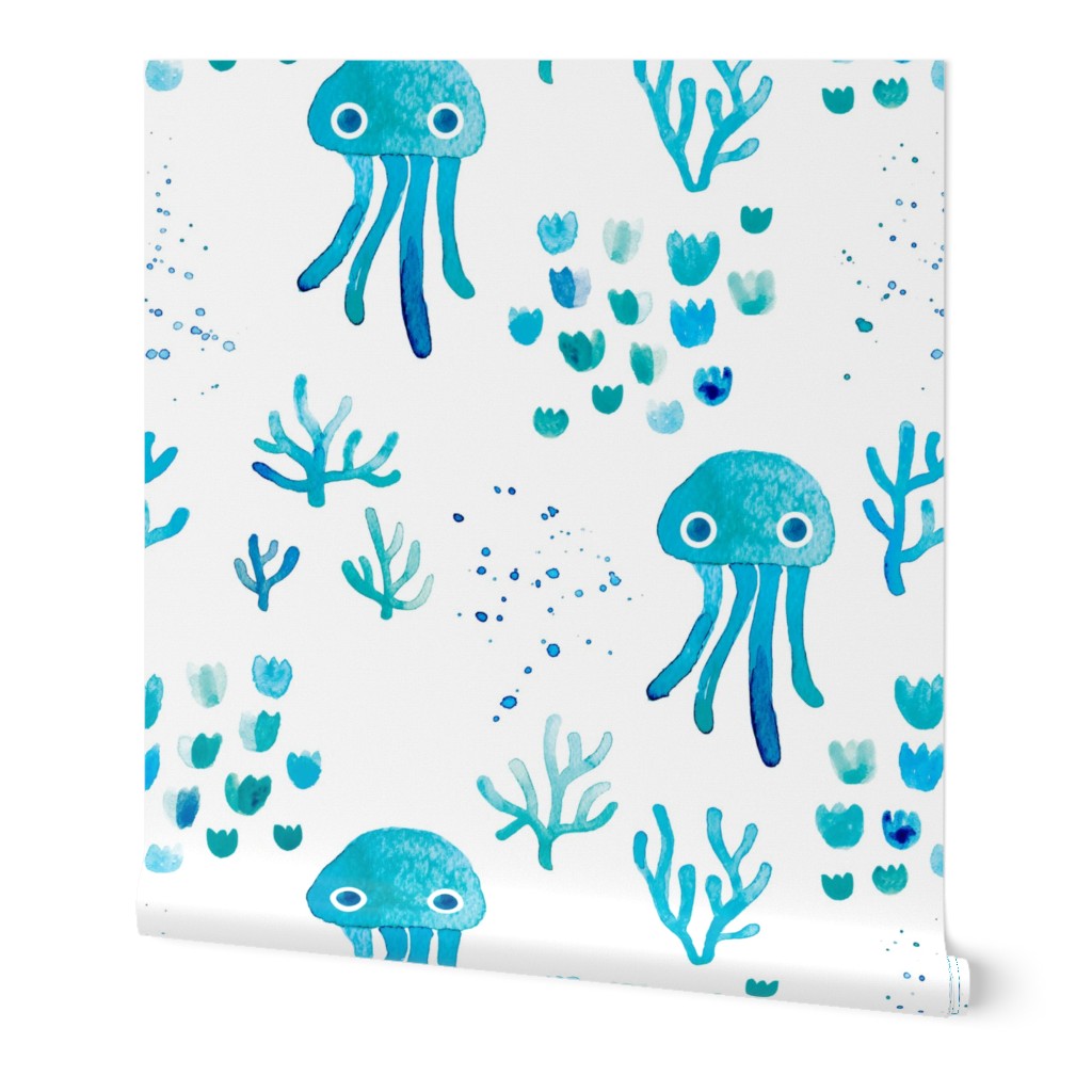 watercolor under water ocean life jelly fish and coral squid blue white