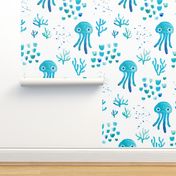 watercolor under water ocean life jelly fish and coral squid blue white