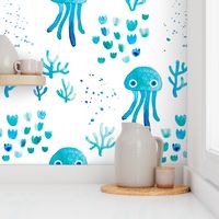 watercolor under water ocean life jelly fish and coral squid blue white