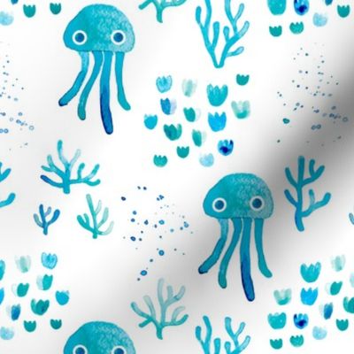 watercolor under water ocean life jelly fish and coral squid blue white