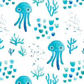watercolor under water ocean life jelly fish and coral squid blue white