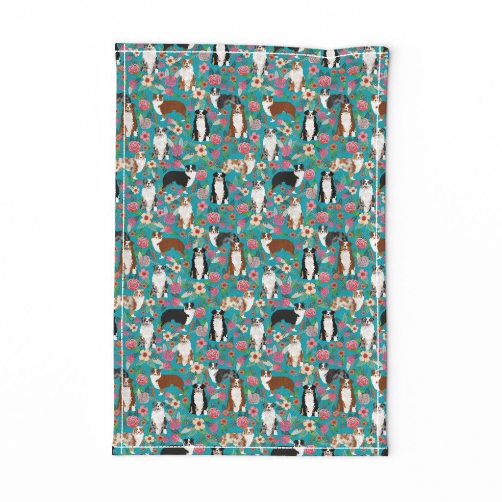 australian shepherd dogs floral cute aussie dog vintage flowers fabric turquoise dog fabric cute aussie dog gift