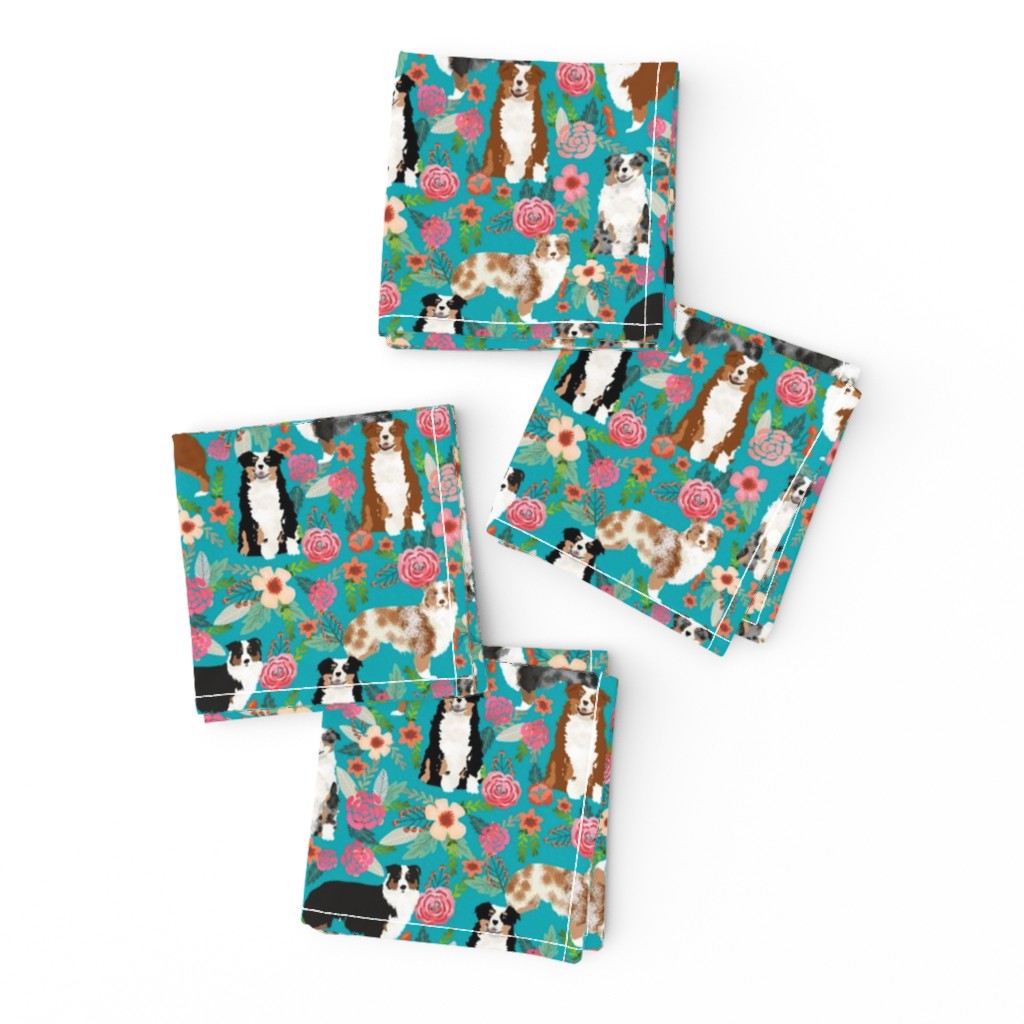 australian shepherd dogs floral cute aussie dog vintage flowers fabric turquoise dog fabric cute aussie dog gift