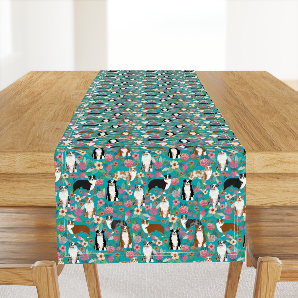 australian shepherd dogs floral cute aussie dog vintage flowers fabric turquoise dog fabric cute aussie dog gift