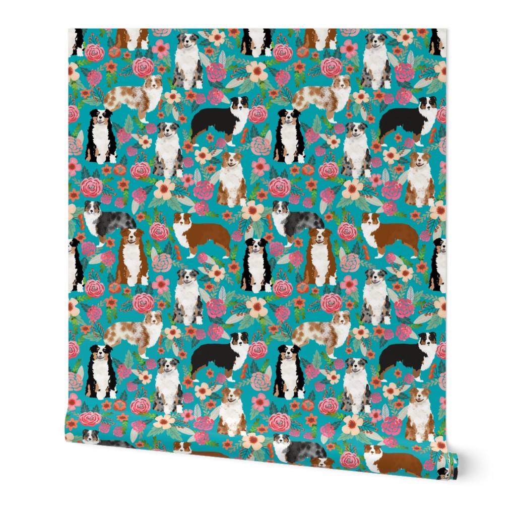 australian shepherd dogs floral cute aussie dog vintage flowers fabric turquoise dog fabric cute aussie dog gift