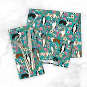 australian shepherd dogs floral cute aussie dog vintage flowers fabric turquoise dog fabric cute aussie dog gift