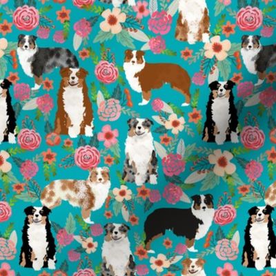 australian shepherd dogs floral cute aussie dog vintage flowers fabric turquoise dog fabric cute aussie dog gift