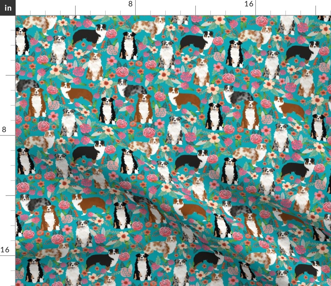 australian shepherd dogs floral cute aussie dog vintage flowers fabric turquoise dog fabric cute aussie dog gift