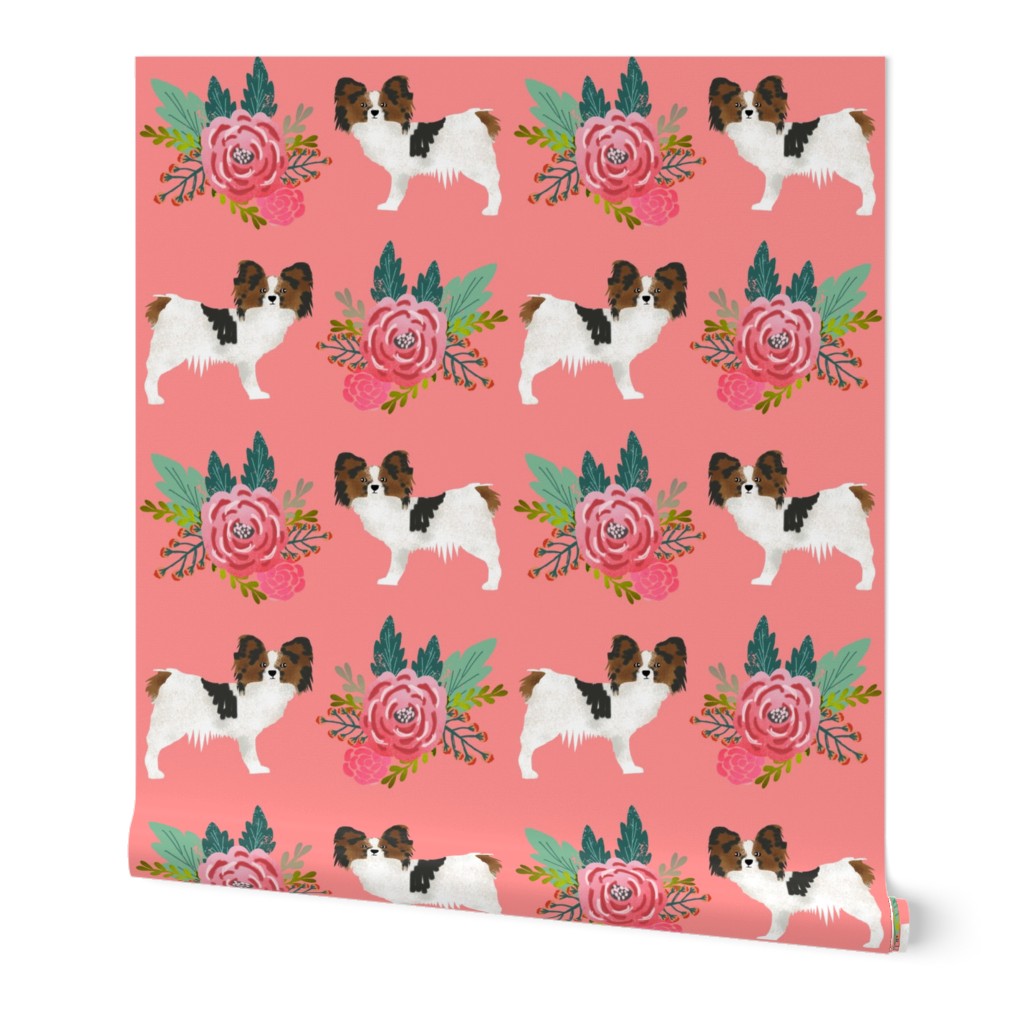 papillon coral flowers les fleurs fabric cute dog breed fabric cute dogs fabric papillons dogs fabric