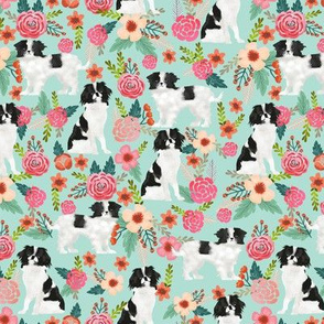 japanese chin dog japanese spaniel cute florals les fleurs fabric mint dog fabric with flowers cute dog design japanese lap dog toy breed fabric