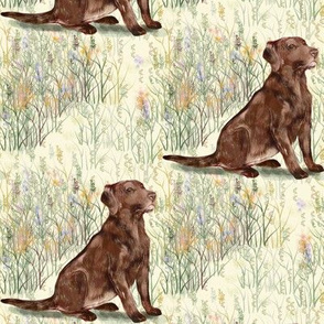 Chocolate Lab sitting in wildflowers