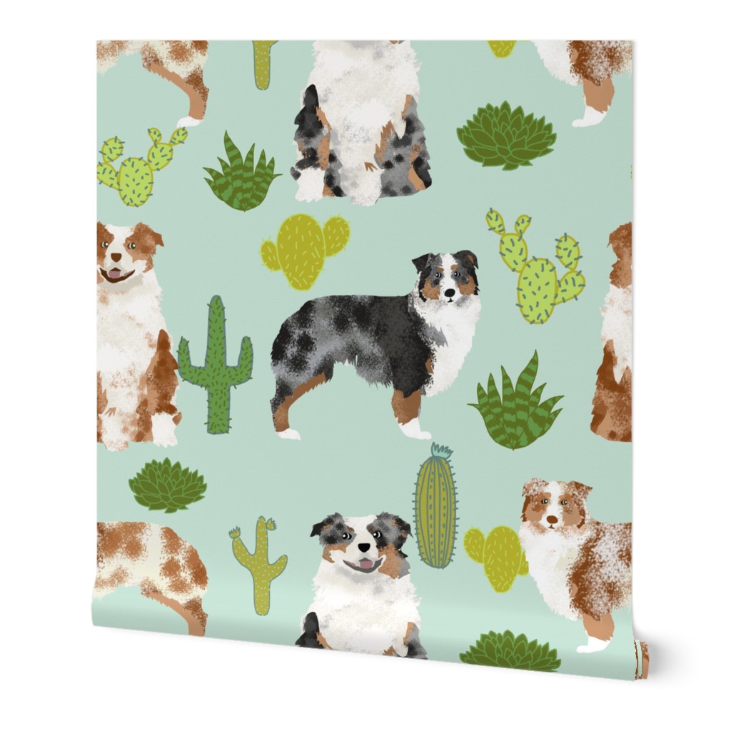 australian shepherds dog cute cactus fabric mint dogs blue merle red merle dog fabric cute aussie dog gift fabrics