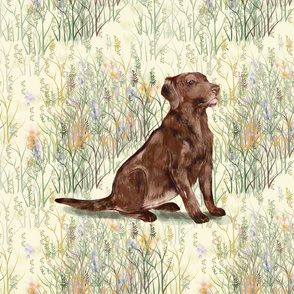 Chocolate Lab sitting in Wildflowers 2