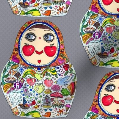 Aug2016Apples, Cheeks Like Apples matryoshka doll, large scale, gray grey colorful