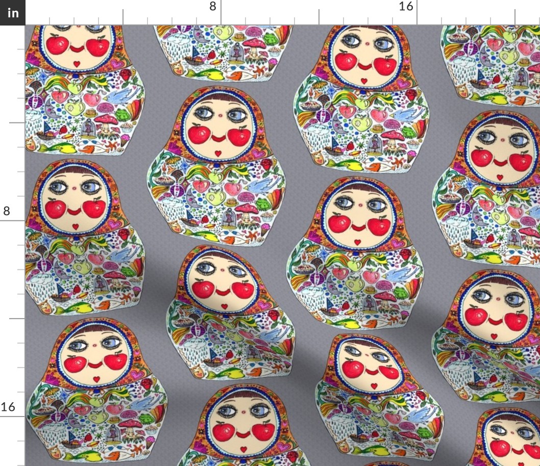 Aug2016Apples, Cheeks Like Apples matryoshka doll, large scale, gray grey colorful