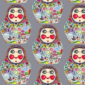 Cheeks Like Apples Russian matryoshka doll, small scale, gray grey colorful