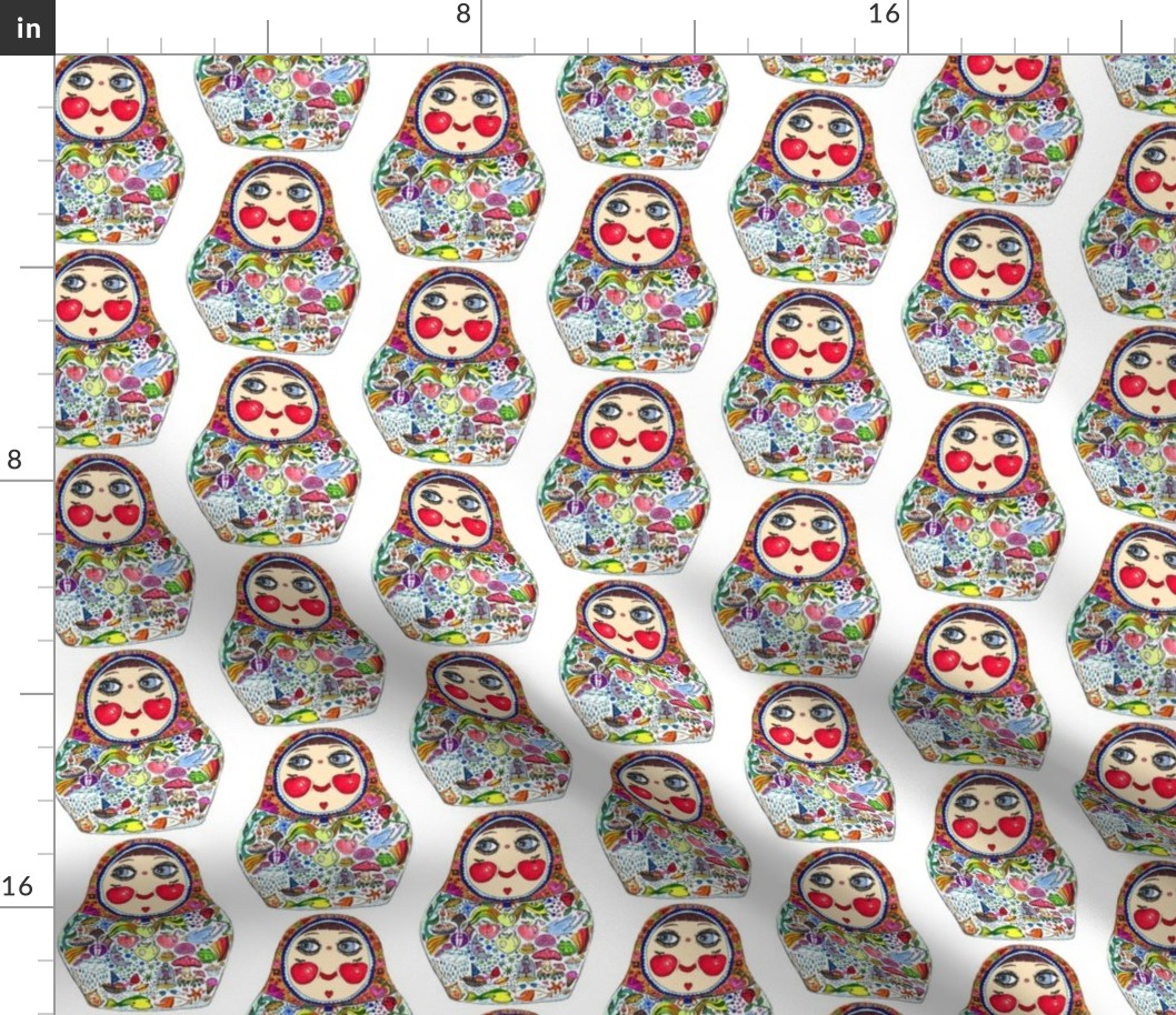 Cheeks Like Apples Russian Matryoshka doll, white colorful rainbow, small scale