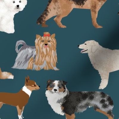 EXTRA LARGE dogs dark navy blue dog fabric lots of breeds cute dogs best dog fabric best dogs cute dog breed design dog owners will love this cute dog fabric