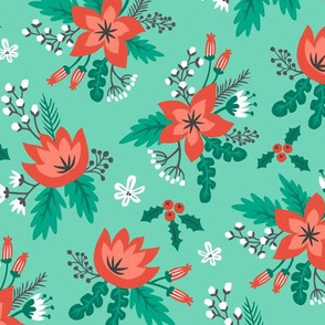 Vintage Christmas Holiday Flowers Floral on Mint Green