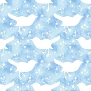 Bird Floral on Clouds White and Blue
