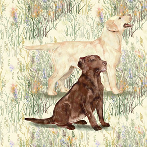 Chocolate and Yellow Lab in Wildflowers 2