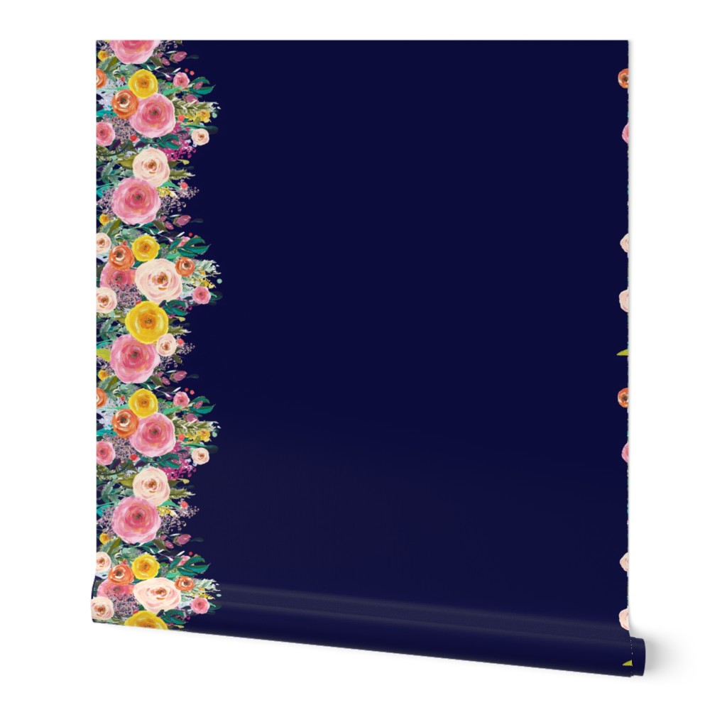 Autumn Painted Blooms Floral Watercolor Border // Navy