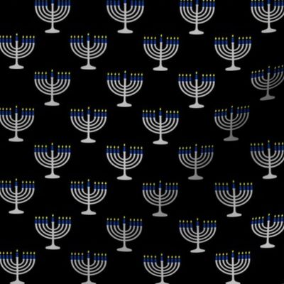 One Inch Matte Silver and Blue Menorahs on Black