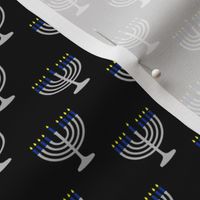 One Inch Matte Silver and Blue Menorahs on Black