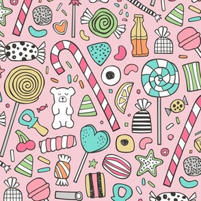 Candy Sweets Sugar Junk Food Black & White Multi Colour on Pink