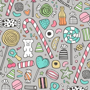 Candy Sweets Sugar Junk Food Black & White Multi Colour on Grey