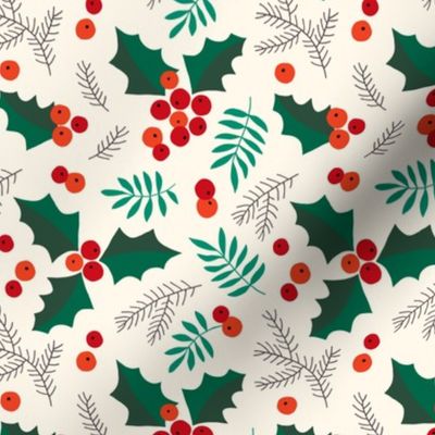 Christmas holly and berries on creme