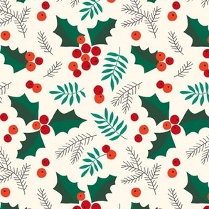 Christmas holly and berries on creme