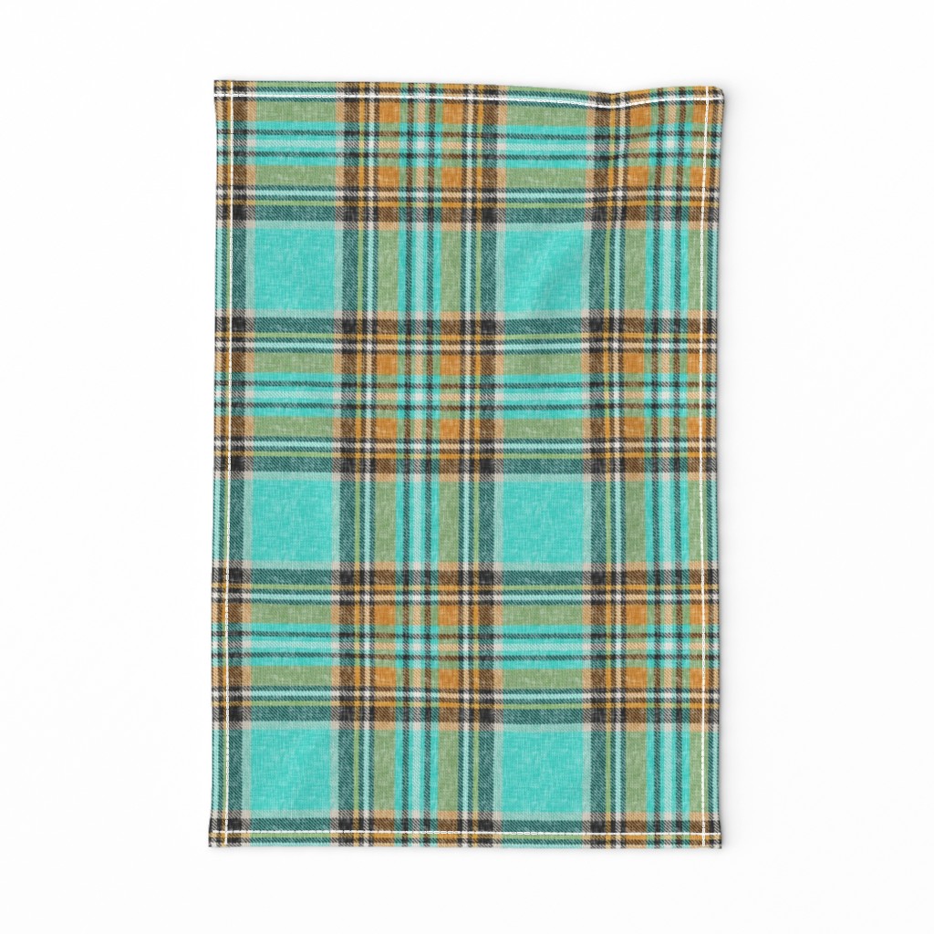 Cooler Stewart plaid in Turquoise, Mustard + Orange Linen-weave by Su_G_©SuSchaefer