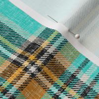 Cooler Stewart plaid in Turquoise, Mustard + Orange Linen-weave by Su_G_©SuSchaefer