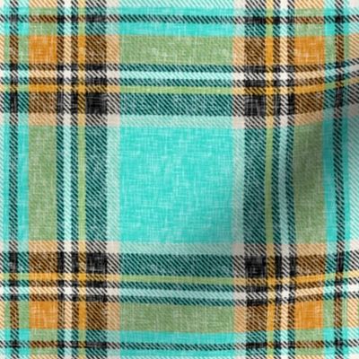 Cooler Stewart plaid in Turquoise, Mustard + Orange Linen-weave by Su_G_©SuSchaefer