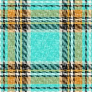 Cooler Stewart plaid in Turquoise, Mustard + Orange Linen-weave by Su_G_©SuSchaefer