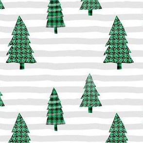 Plaid Green Winter Trees with Stripes
