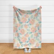 Watercolor Peach Peony Pattern With Mint