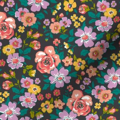 Ditsy Flowers Floral Fall Peach Purple on Black