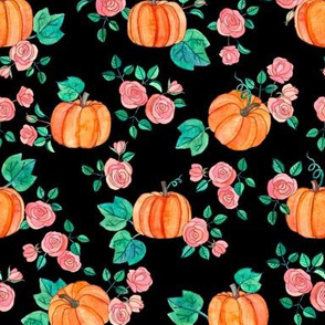 Pumpkins and Roses in watercolor on Black