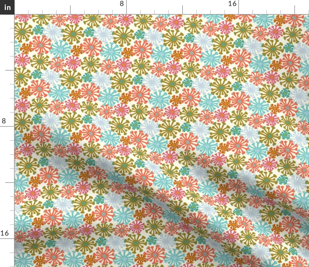 Bouncing Blooms Groovy Big Flowers Floral in Retro Midmod Turquoise Orange Olive Green - UnBlink Studio by Jackie Tahara