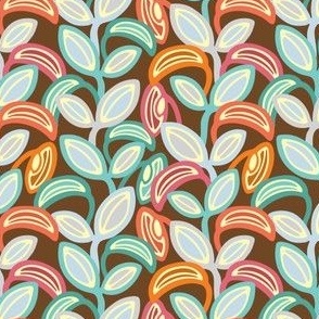 Leaf, Laugh, Love Groovy Retro Midmod Vertical Stripe Leaves in Pink Orange Turquoise Pale Purple on Brown - UnBlink Studio by Jackie Tahara