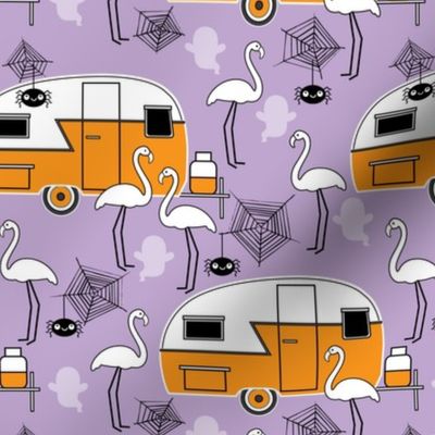 Halloween trailers-and-flamingos on purple