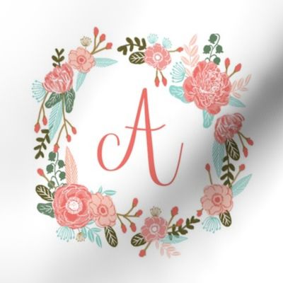 A monogram girls sweet florals flowers flower wreath girls monogram pillow fabric swatch design mini 8" swatch size  personalized personal letter quilt fabric cute girls design