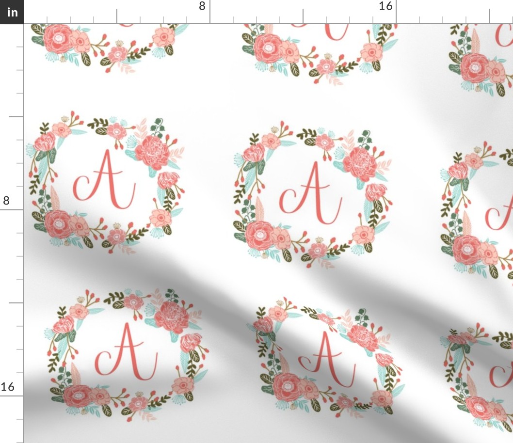 A monogram girls sweet florals flowers flower wreath girls monogram pillow fabric swatch design mini 8" swatch size  personalized personal letter quilt fabric cute girls design